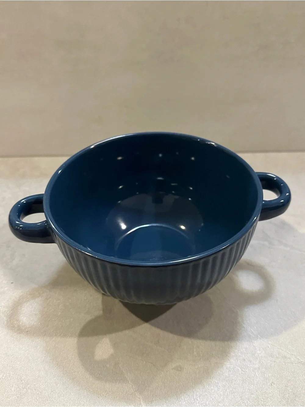 Stoneware Double Handle Soup Bowl, Deep Navy, Ribbed EUC